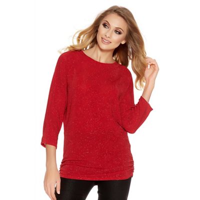 Quiz Red Glitter Ruched Batwing Sleeve Top